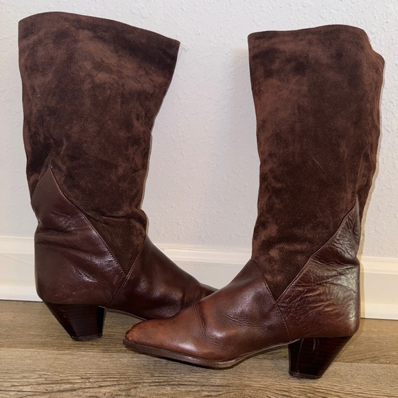 Suede Leather Calf-length Brown Slip On Western Riding Boots Size 7 - Picture 4 of 12